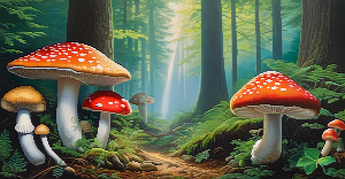 A vibrant forest filled with colorful mushrooms, including psilocybin mushrooms, surrounded by lush green foliage and soft mist.