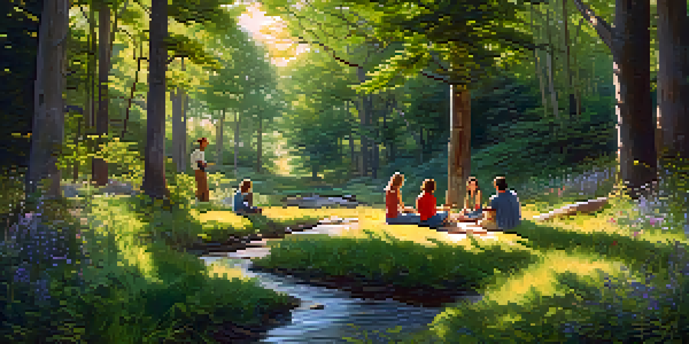 A peaceful forest clearing with diverse individuals sitting in a circle, engaged in conversation, surrounded by greenery and flowers.