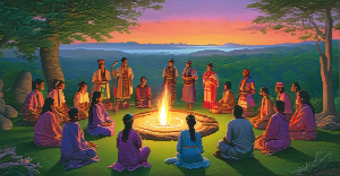 A group of diverse individuals participating in a traditional hallucinogenic ritual at sunset, surrounded by lush greenery and a colorful sky.