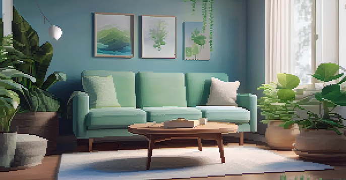 A tranquil therapy room with a couch, plants, and a digital device showing encrypted data.