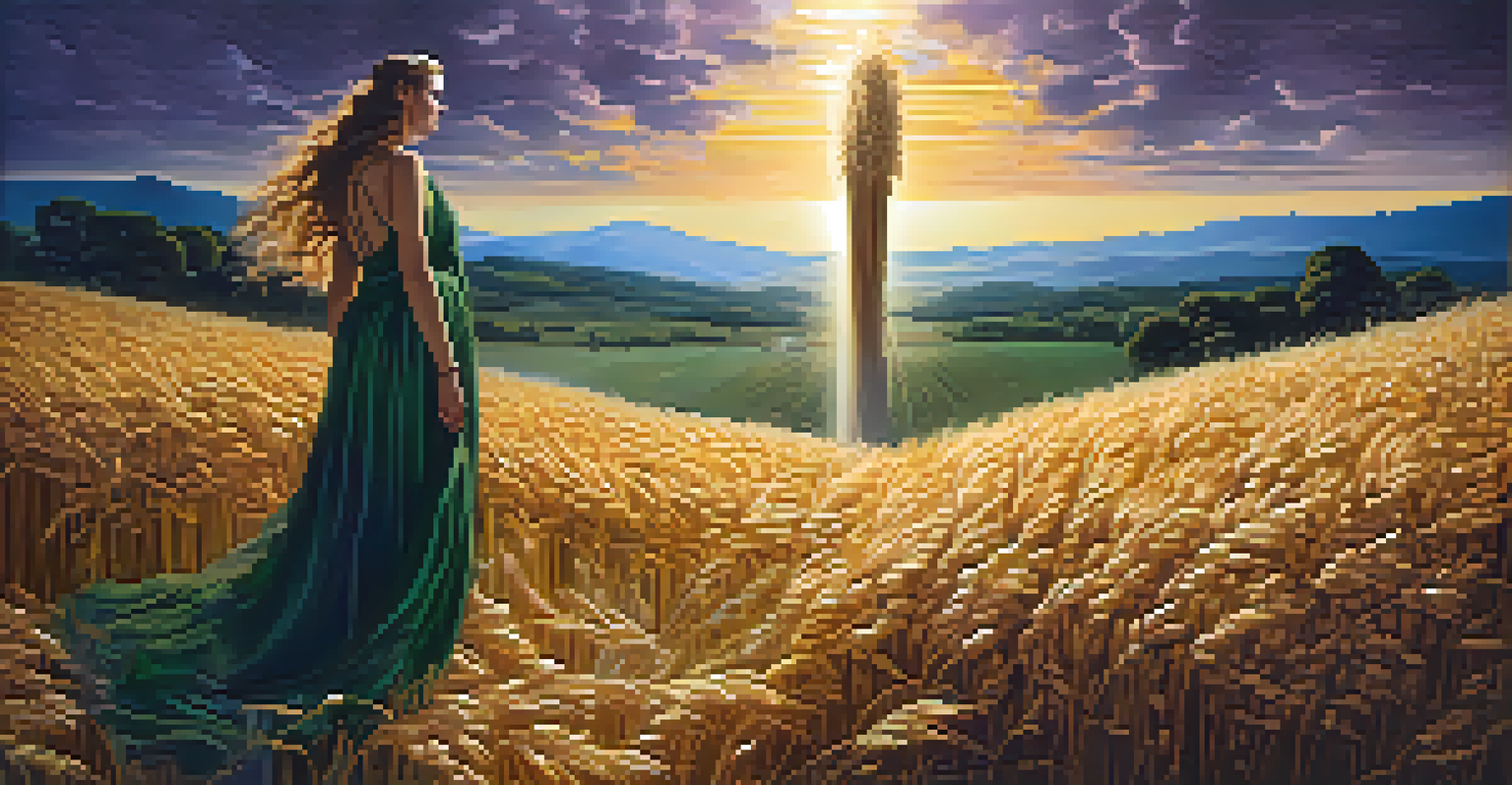 A depiction of Demeter and Persephone symbolizing the cycle of life and death, with vibrant spring landscapes and a shadowy underworld.