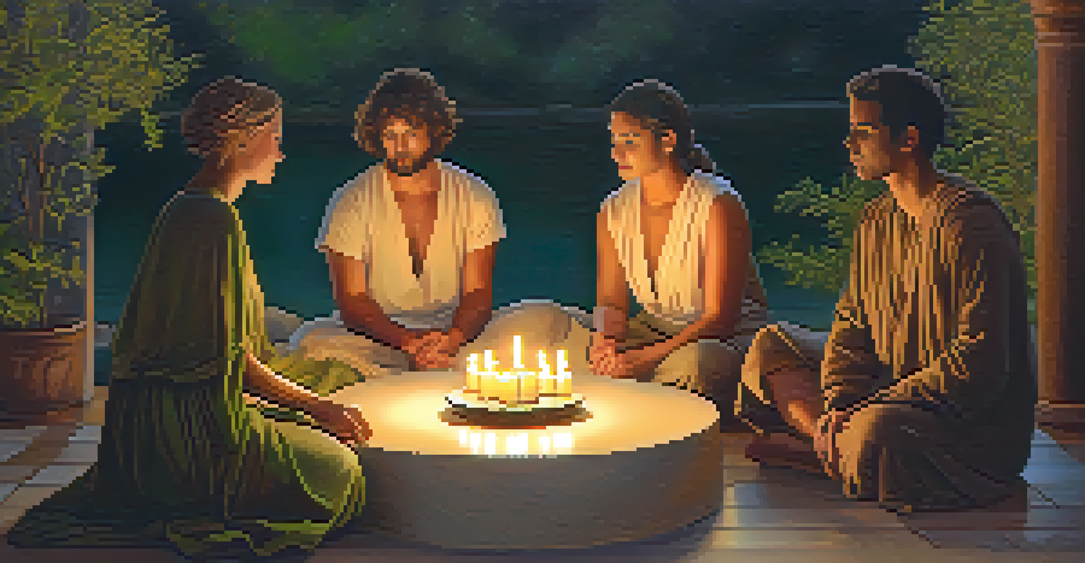 A modern gathering inspired by Eleusinian Mysteries, with participants seated in a circle, surrounded by candles and flowers in a natural setting.