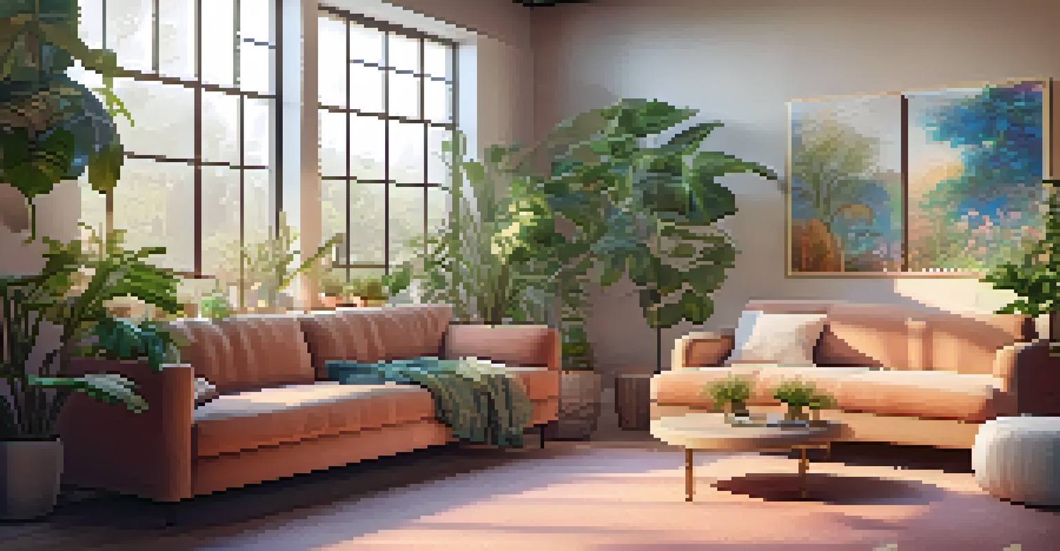 A cozy therapy room with soft lighting, comfortable seating, and plants, designed for calming therapy sessions.