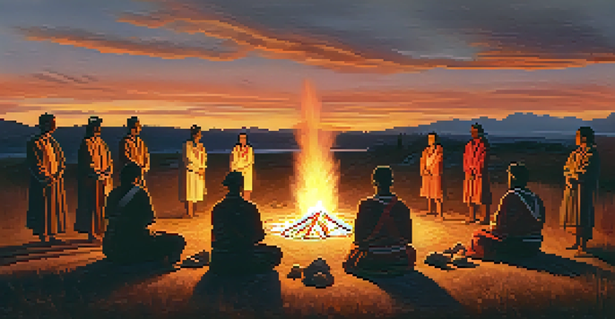 An indigenous healing ceremony at sunset, with participants around a sacred fire, showcasing cultural practices.