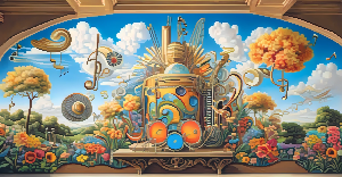 A colorful mural depicting a surreal landscape where musical notes turn into flowers, with instruments integrated into the scenery under a bright blue sky.
