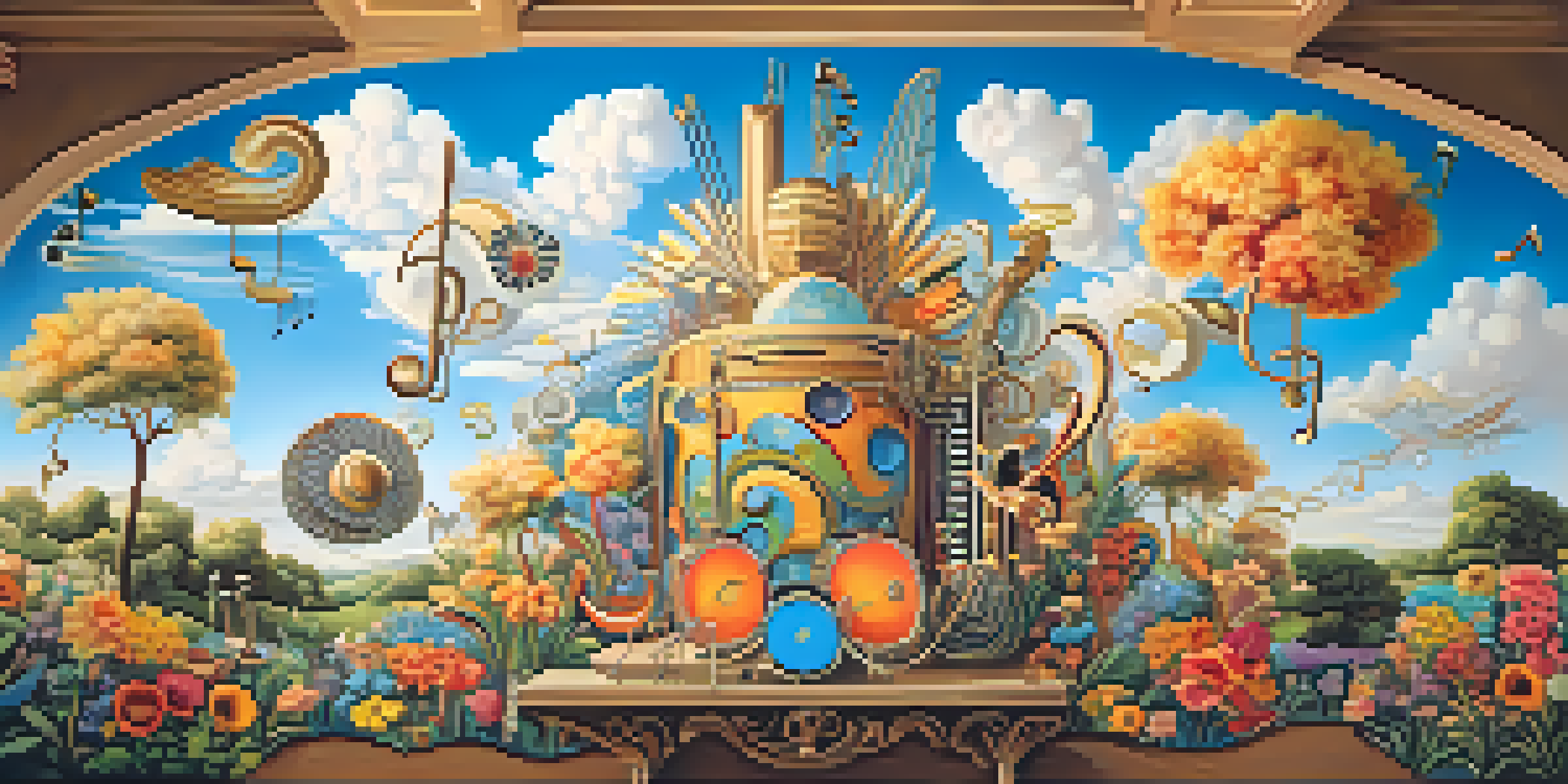 A colorful mural depicting a surreal landscape where musical notes turn into flowers, with instruments integrated into the scenery under a bright blue sky.