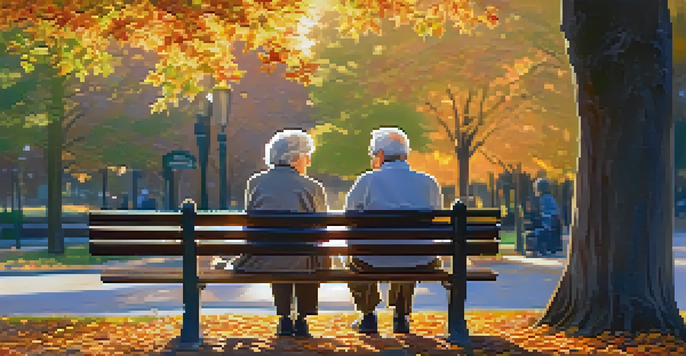 An elderly couple enjoying a peaceful moment on a park bench surrounded by colorful autumn leaves under a warm sunset.
