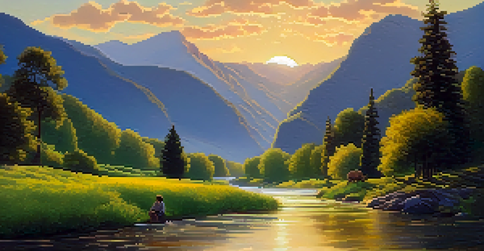 A peaceful river flowing through a green valley, with a person sitting by the water, surrounded by mountains and warm sunlight.