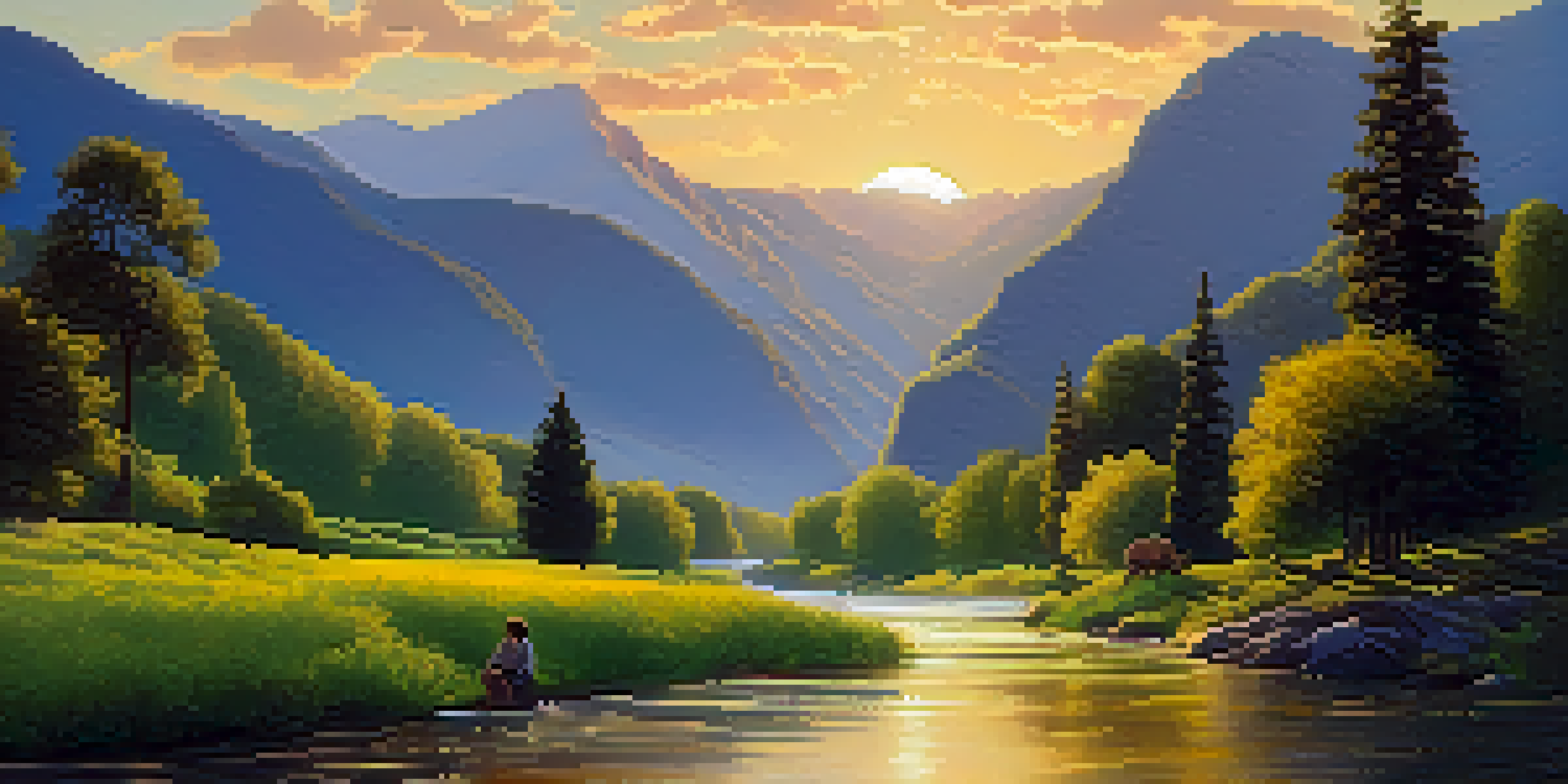 A peaceful river flowing through a green valley, with a person sitting by the water, surrounded by mountains and warm sunlight.