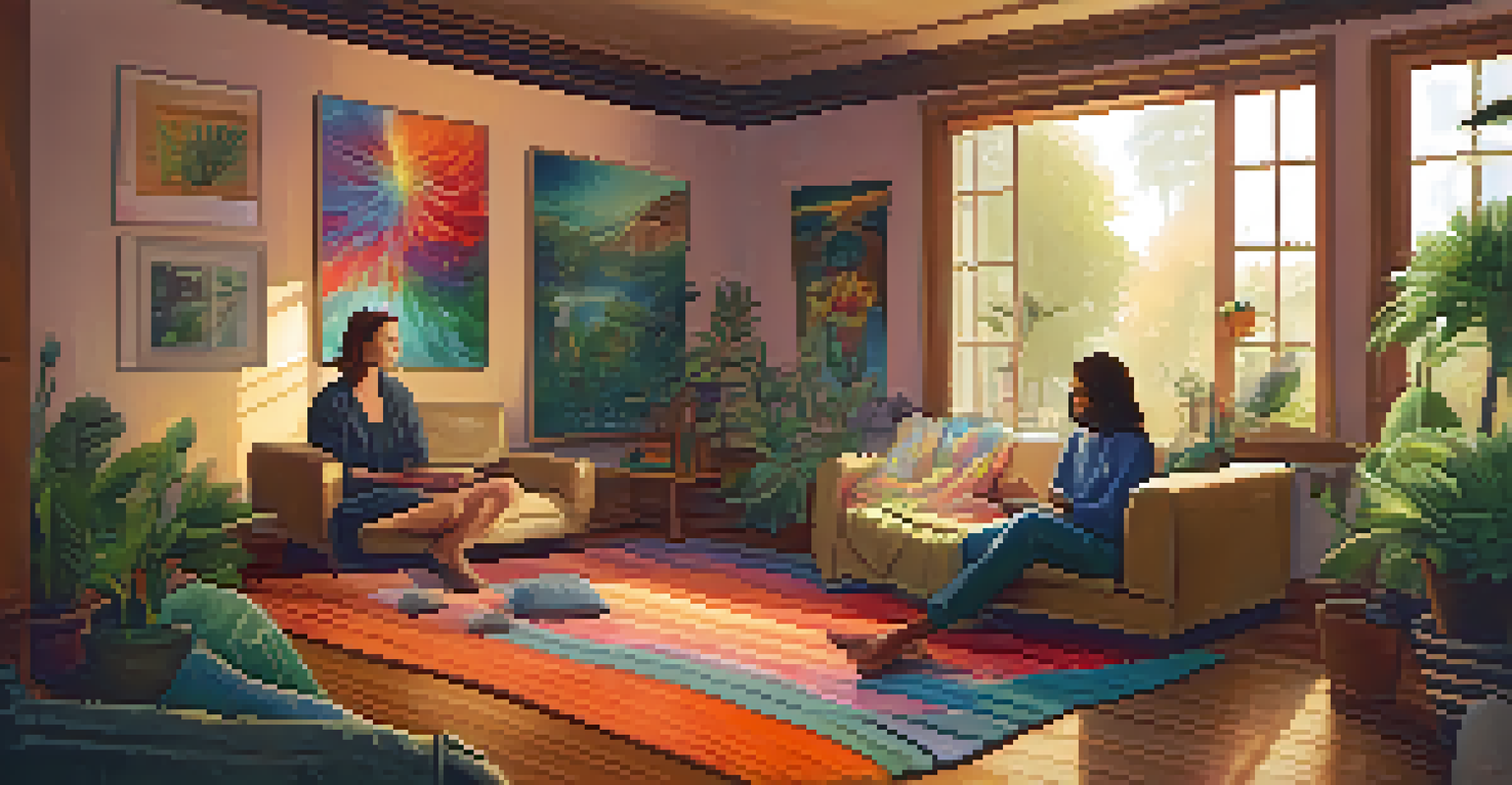 A cozy therapy room with a therapist and client, surrounded by calming art and plants, creating a safe environment.