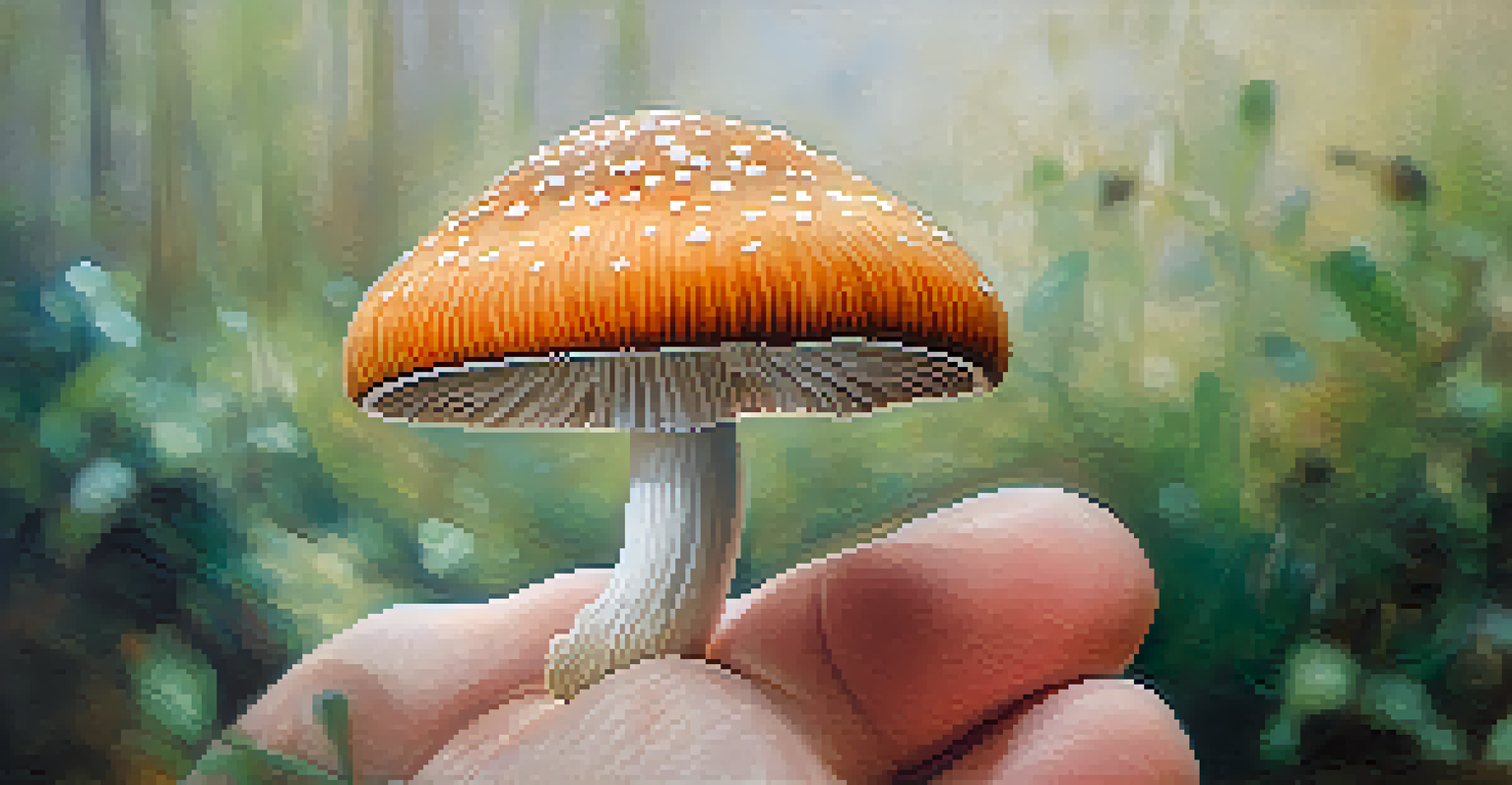 A close-up of a hand holding a delicate mushroom against a softly blurred background, symbolizing alternative therapies.