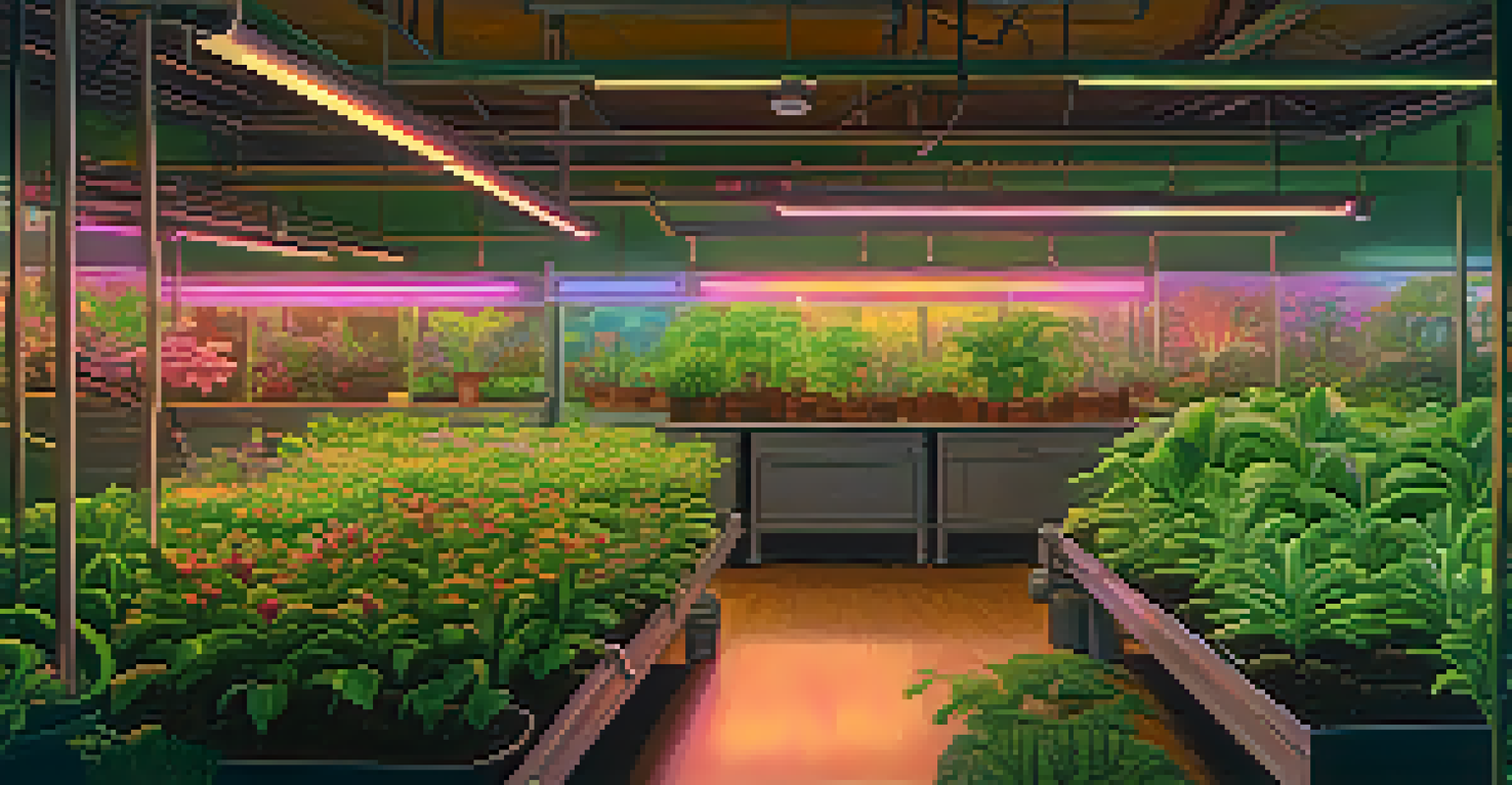An indoor growing setup with artificial lights illuminating hallucinogenic plants in various growth stages, creating a warm atmosphere.