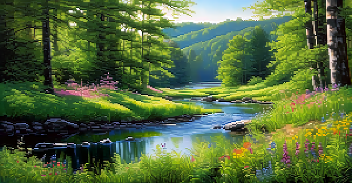A peaceful forest scene with sunlight, green trees, colorful flowers, and a stream.