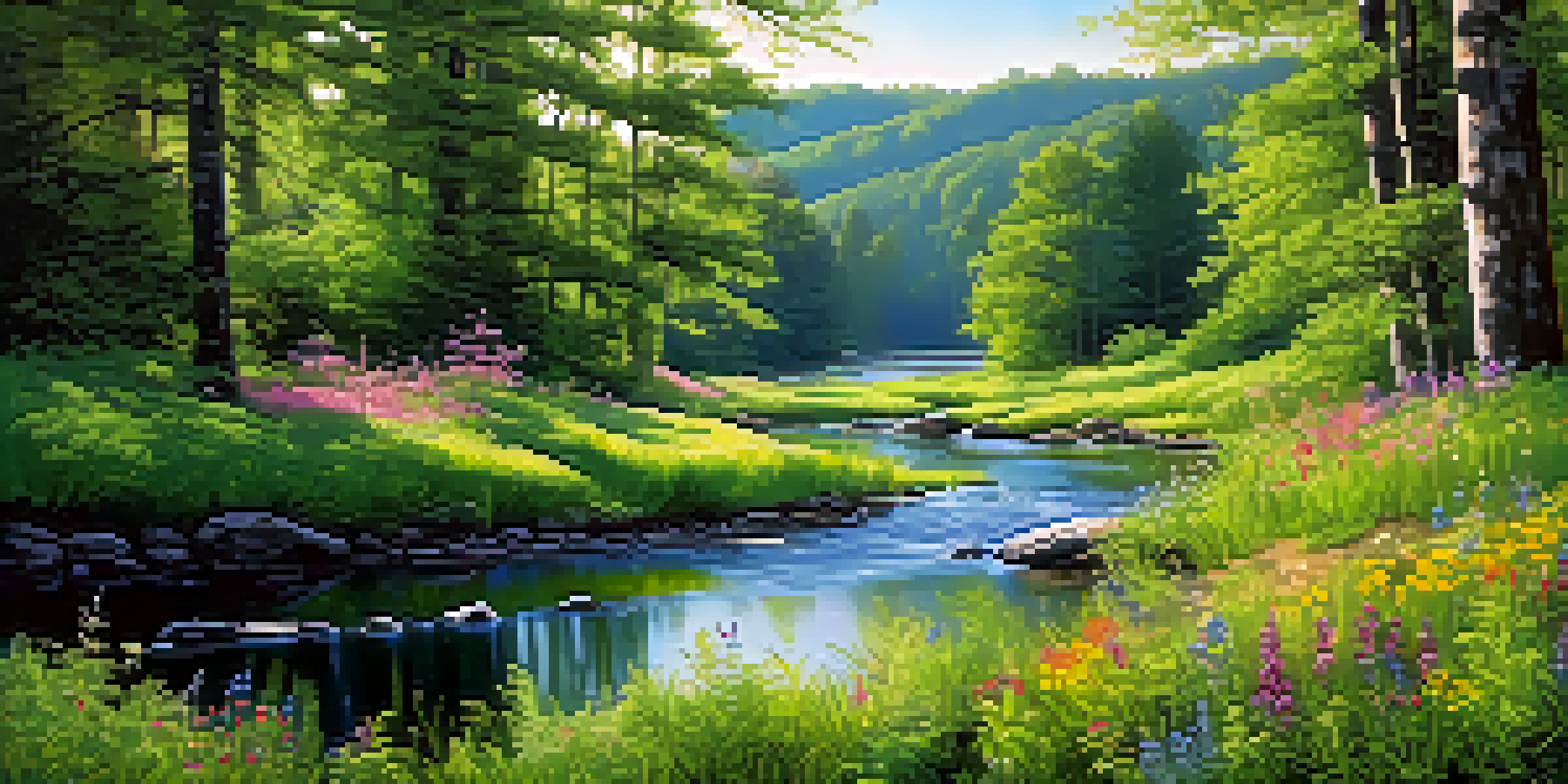 A peaceful forest scene with sunlight, green trees, colorful flowers, and a stream.