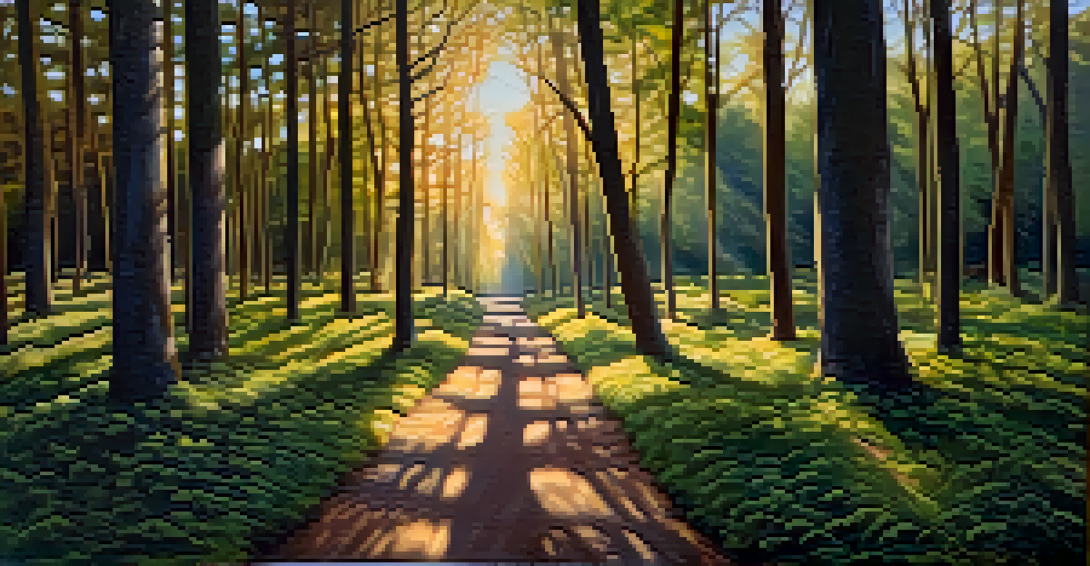 A tranquil forest scene with golden hour sunlight and a path leading through tall trees, symbolizing exploration and personal growth.