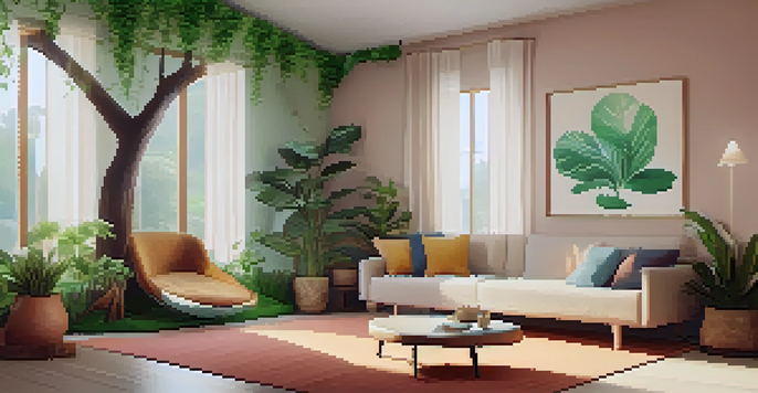 A cozy therapy room with soft lighting and nature-inspired artwork, designed for psychedelic therapy.