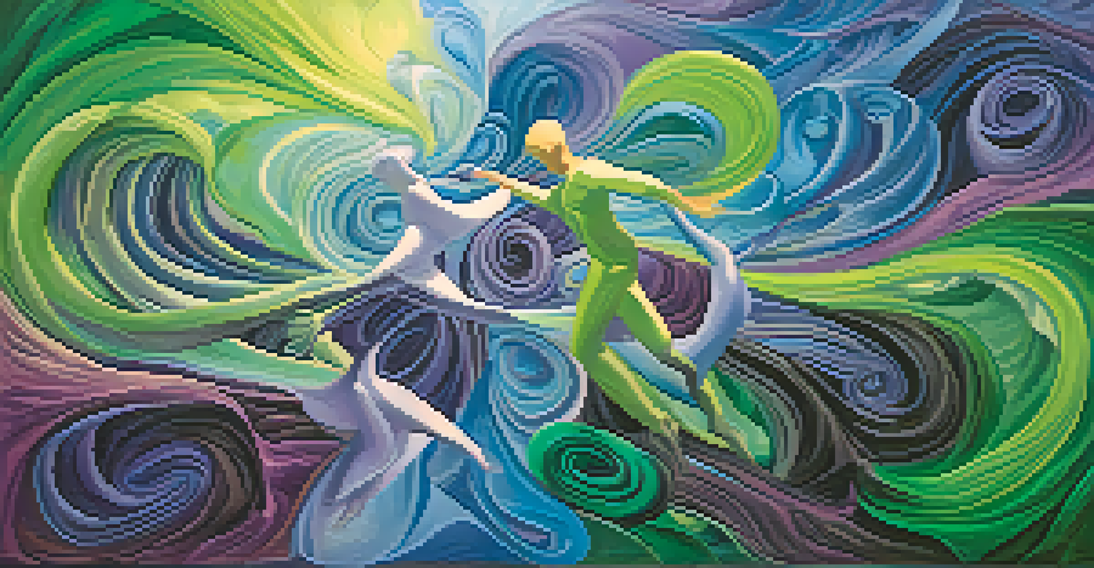 An abstract image showing swirling colors of blue, green, and purple with figures reaching towards each other, representing unity.
