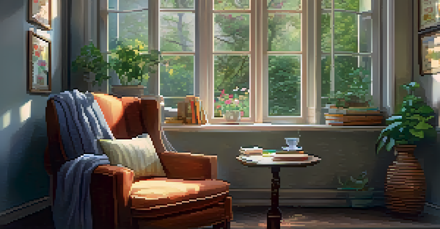 A comfortable reading nook with a plush chair, tea, and books, illuminated by soft light from a window overlooking a flower garden.
