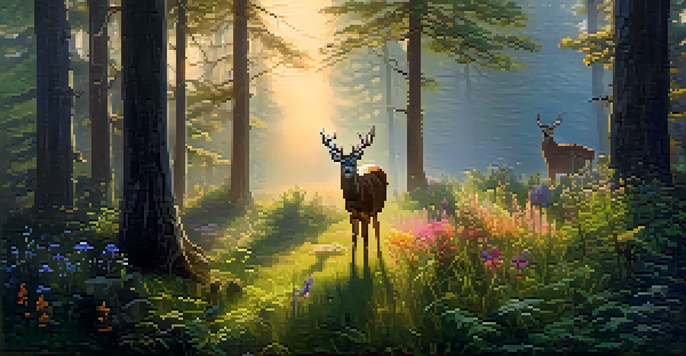 A peaceful forest at dusk with golden light, wildflowers, mist, and a deer in the foreground.