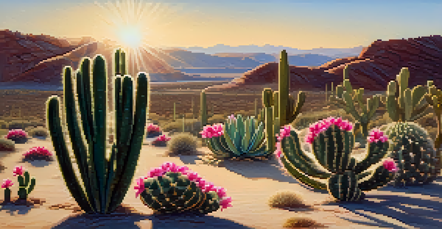 A close-up view of a blooming peyote cactus under the sun in a sandy desert landscape.