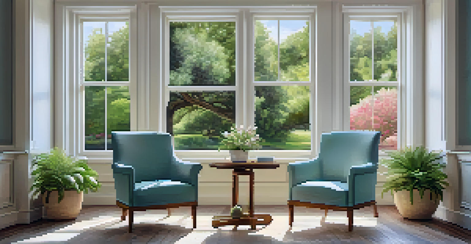 A tranquil therapy room with two chairs facing each other, natural light, calming plants, and soothing artwork on the walls.