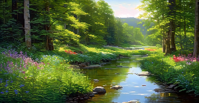 A tranquil forest with sunlight filtering through leaves, vibrant wildflowers, and a gentle stream.