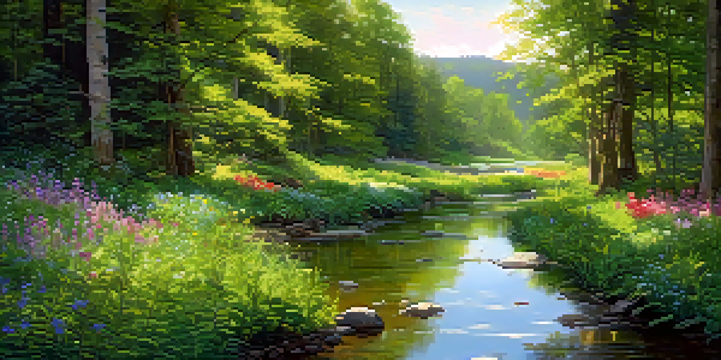 A tranquil forest with sunlight filtering through leaves, vibrant wildflowers, and a gentle stream.