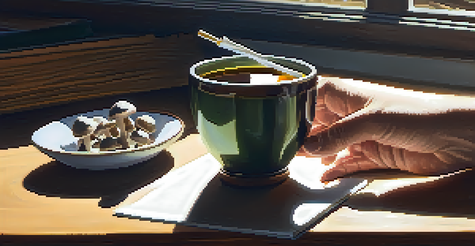 Close-up of hands holding a vial of psilocybin mushrooms on a wooden table with a notebook and tea nearby.