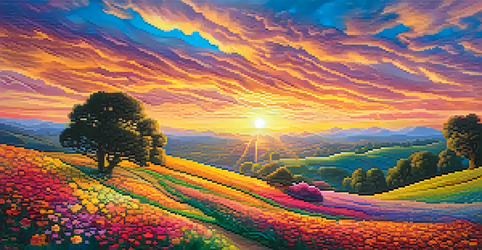 A colorful, surreal landscape with a psychedelic sunset, rolling hills, and abstract flower patterns.