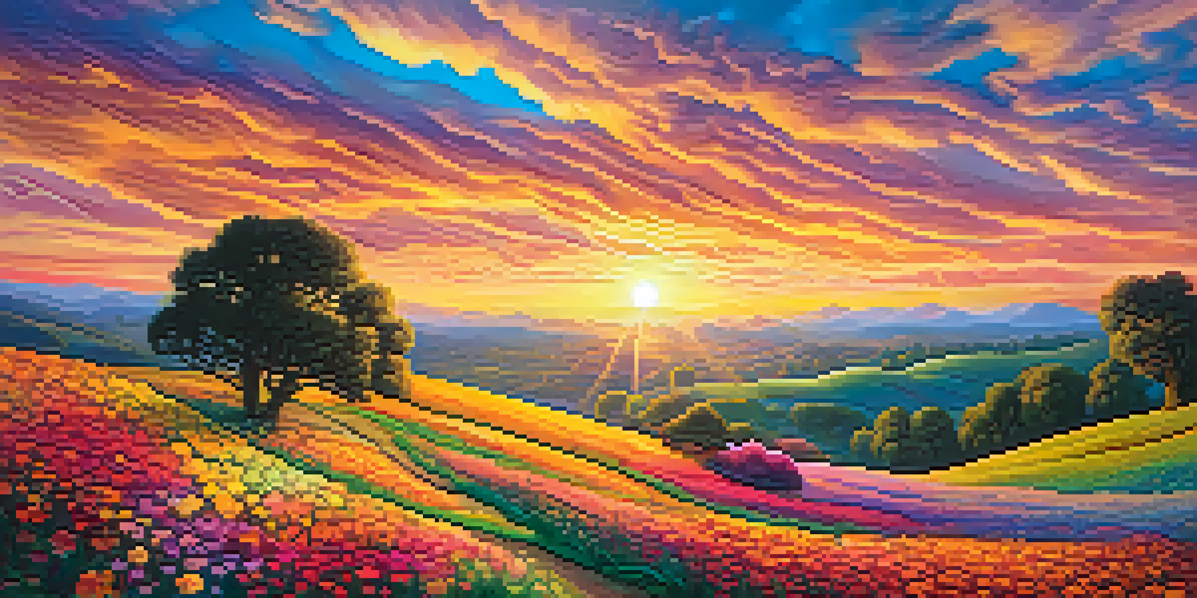 A colorful, surreal landscape with a psychedelic sunset, rolling hills, and abstract flower patterns.