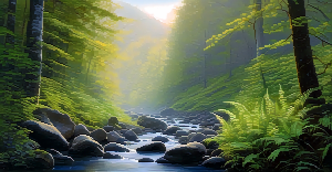 A peaceful forest with sunlight shining through trees, illuminating a stream with smooth stones and greenery.