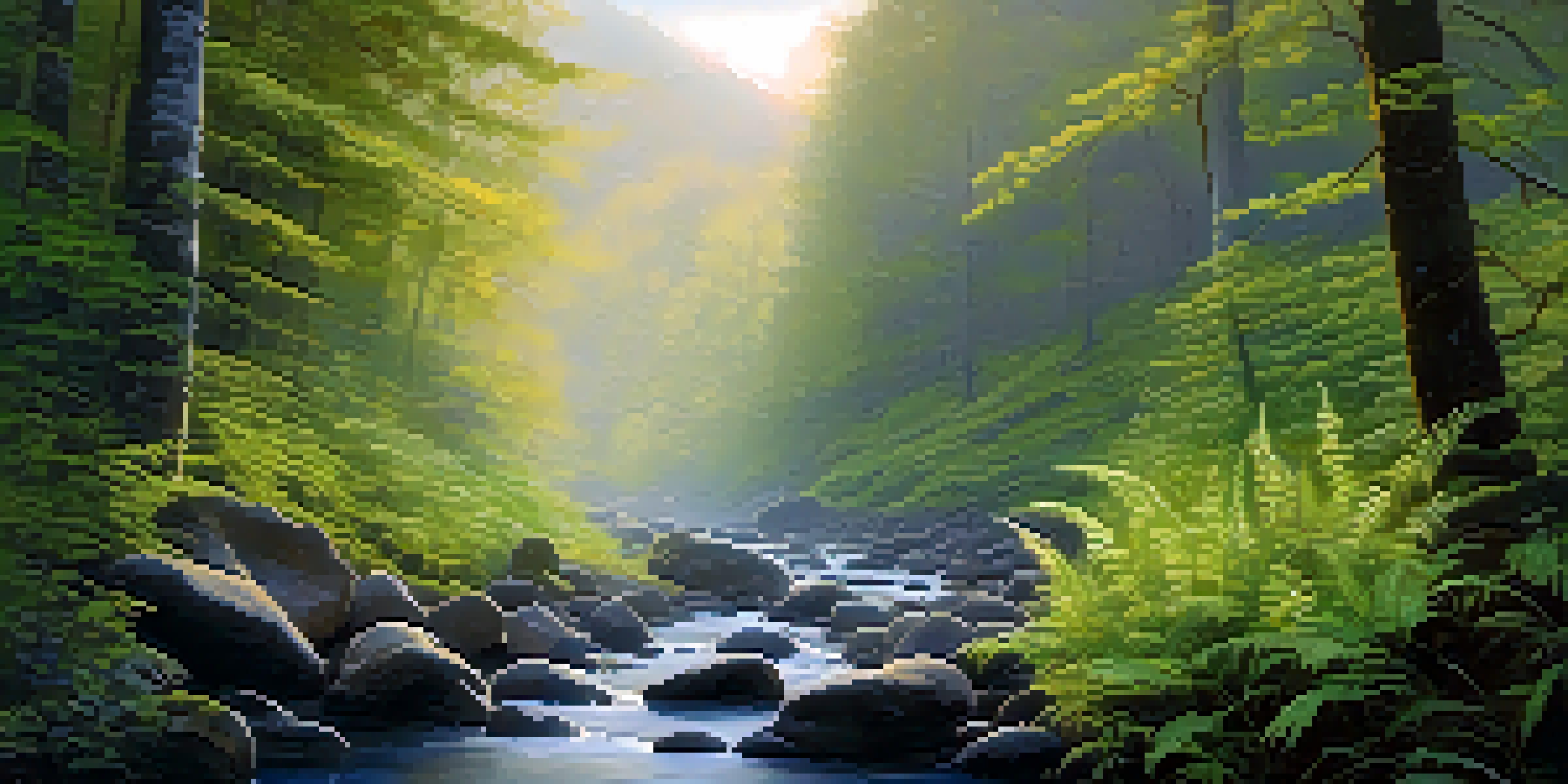 A peaceful forest with sunlight shining through trees, illuminating a stream with smooth stones and greenery.
