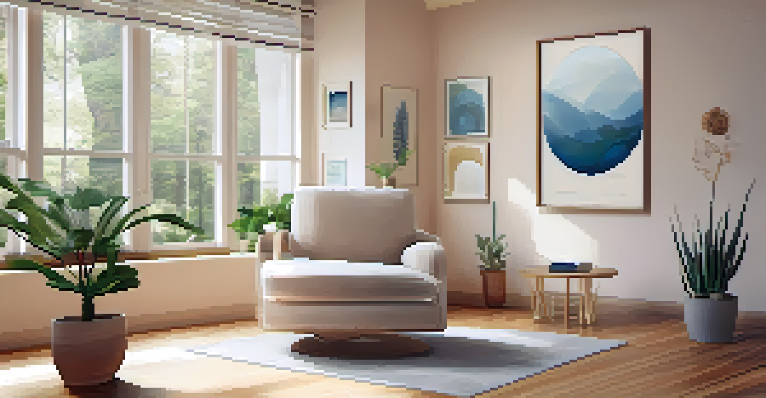 A tranquil therapy room with a comfortable chair, calming colors, and ambient lighting, providing a supportive space for emotional exploration.