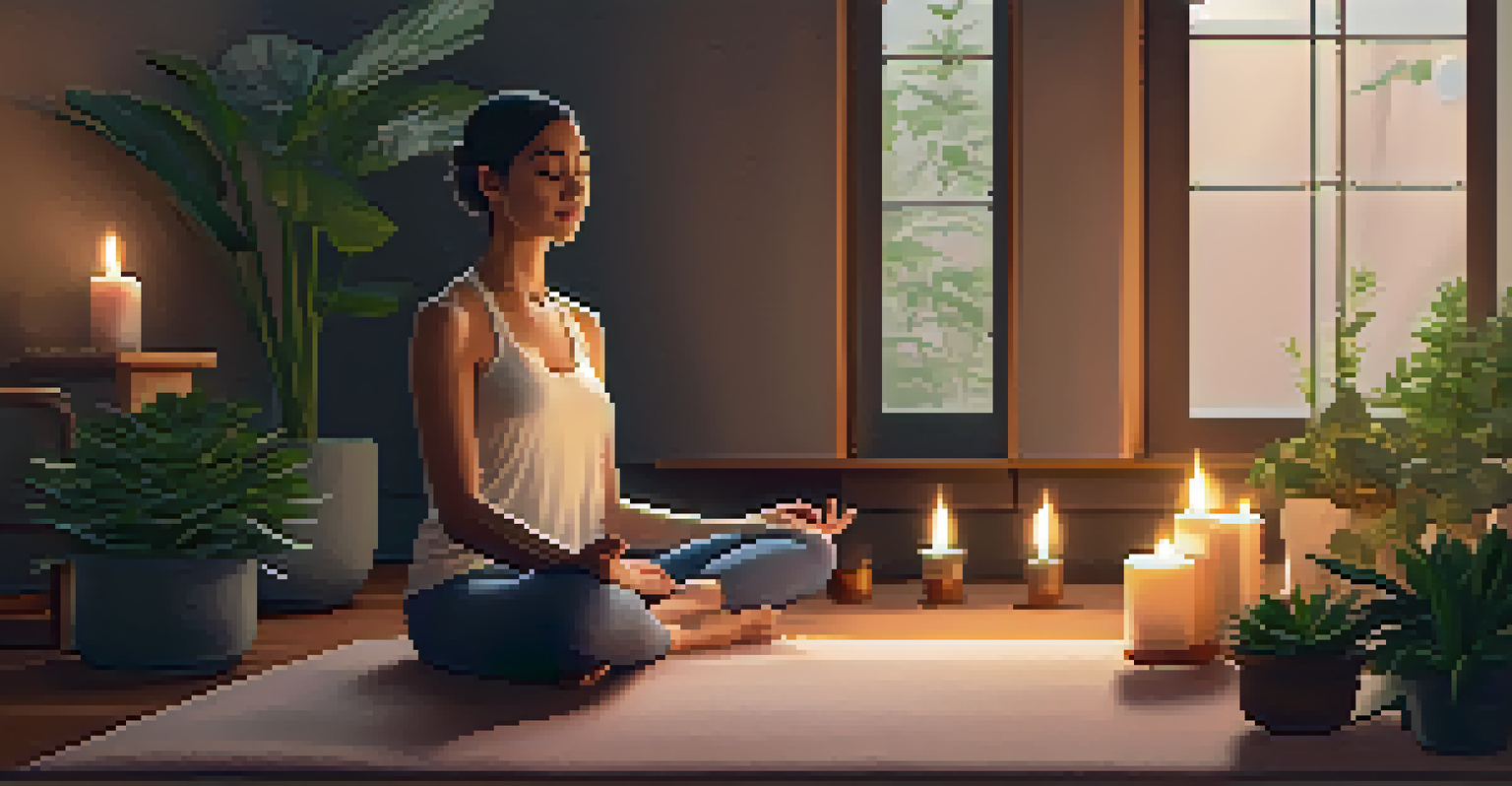 A cozy meditation space with candles and plants, showing a person sitting cross-legged in mindfulness practice.