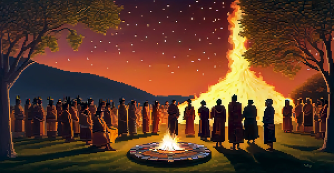 A peaceful indigenous ceremony taking place at dusk, with participants in traditional clothing gathered around a bonfire under a starry sky.
