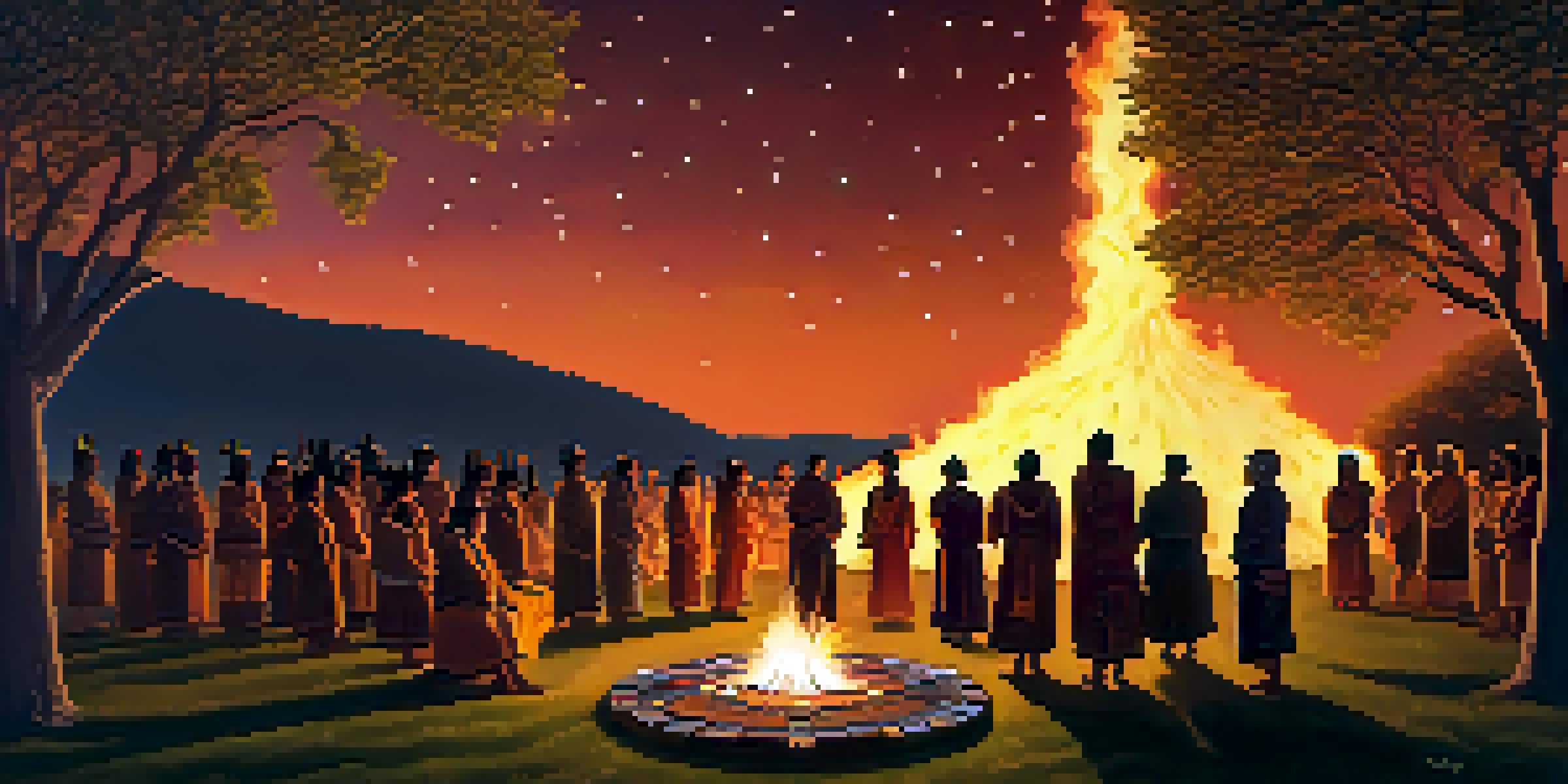 A peaceful indigenous ceremony taking place at dusk, with participants in traditional clothing gathered around a bonfire under a starry sky.