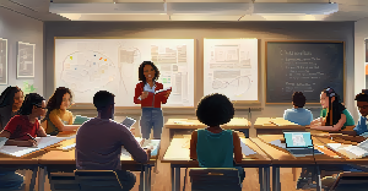 A lively classroom scene with students working together, surrounded by books and art supplies, illuminated by natural light.