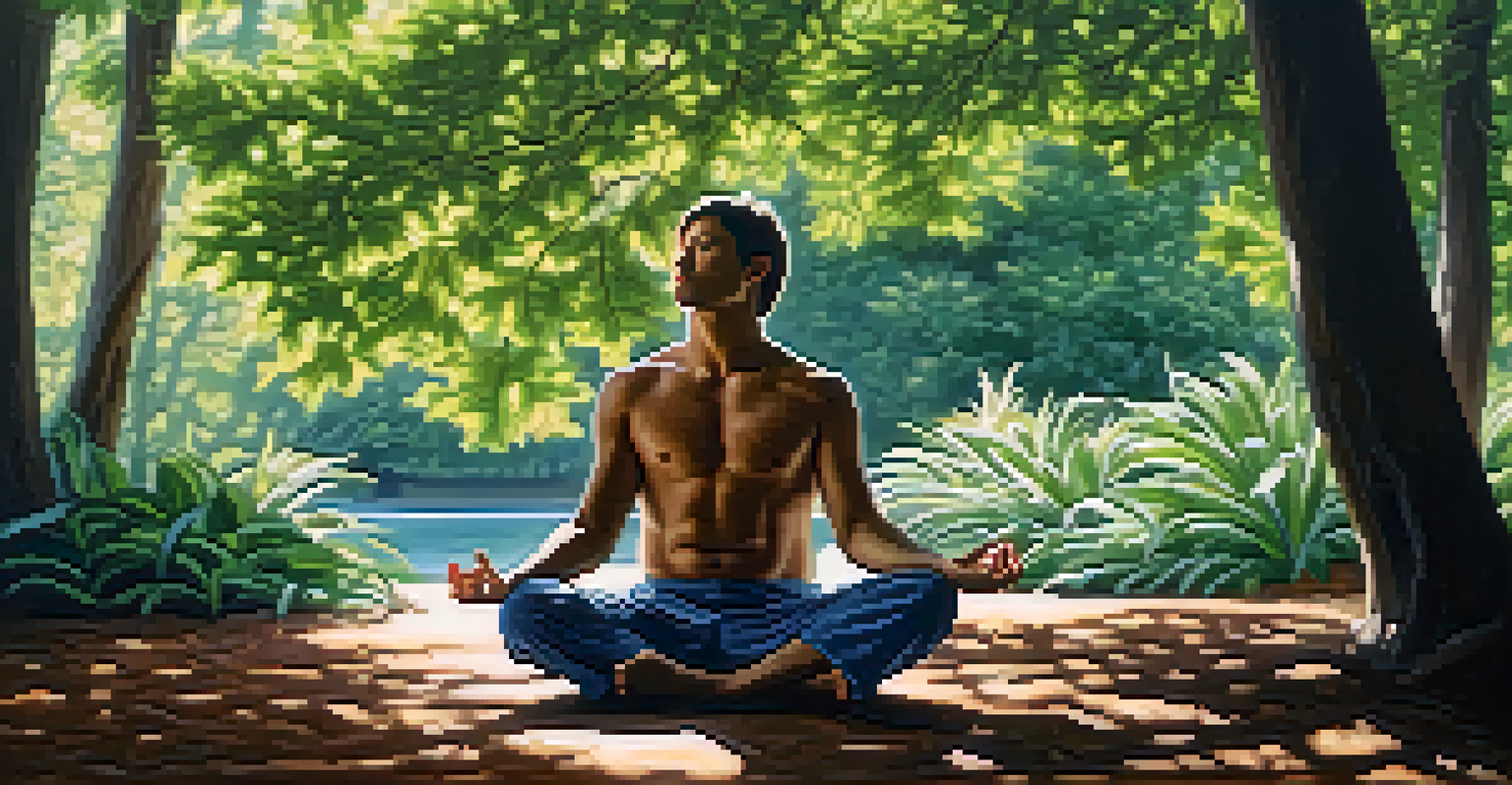 A person meditating outdoors in a lush green environment, experiencing a moment of tranquility and openness.