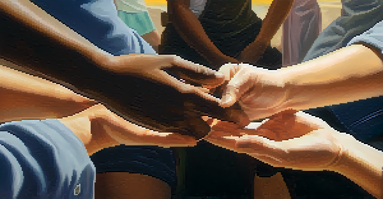 Close-up of two hands reaching out in connection during a group therapy session, with blurred silhouettes of participants in the background.