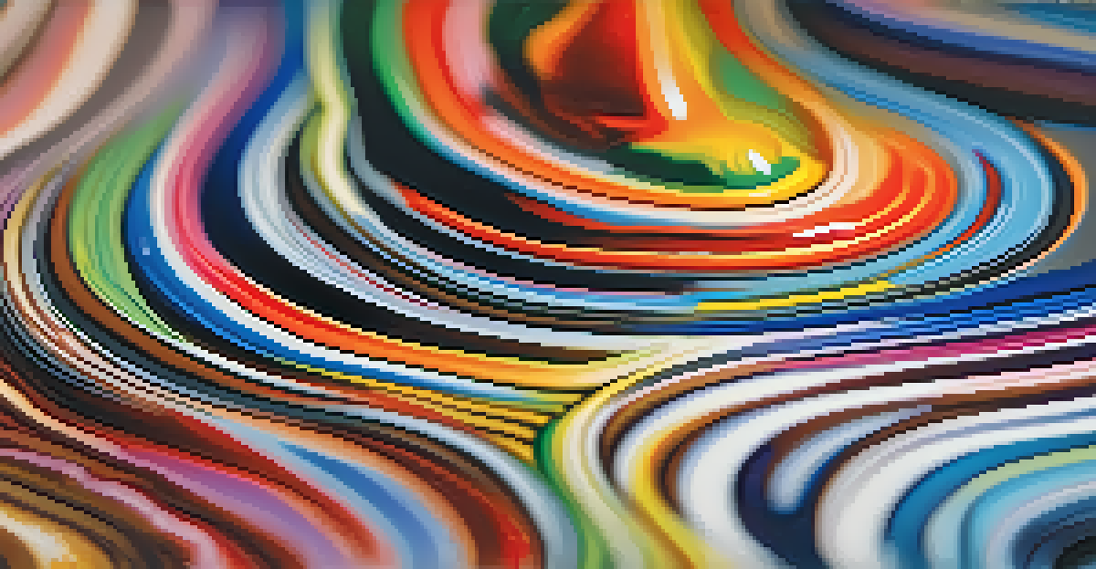 A close-up view of a painter's palette with vibrant, swirling colors and thick paint textures set against a blurred background.