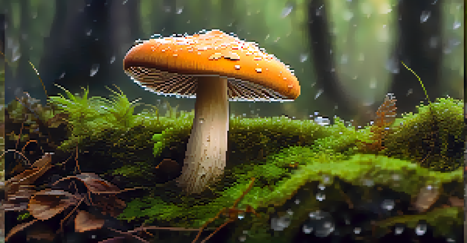 A close-up of a psilocybin mushroom surrounded by moss and leaves.