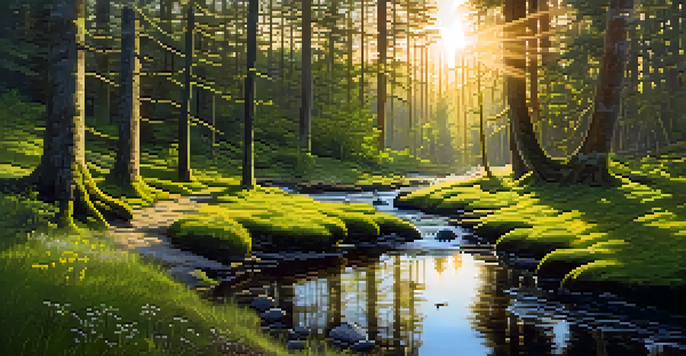 A peaceful forest scene at dawn with sunlight filtering through trees and a stream reflecting the sky.