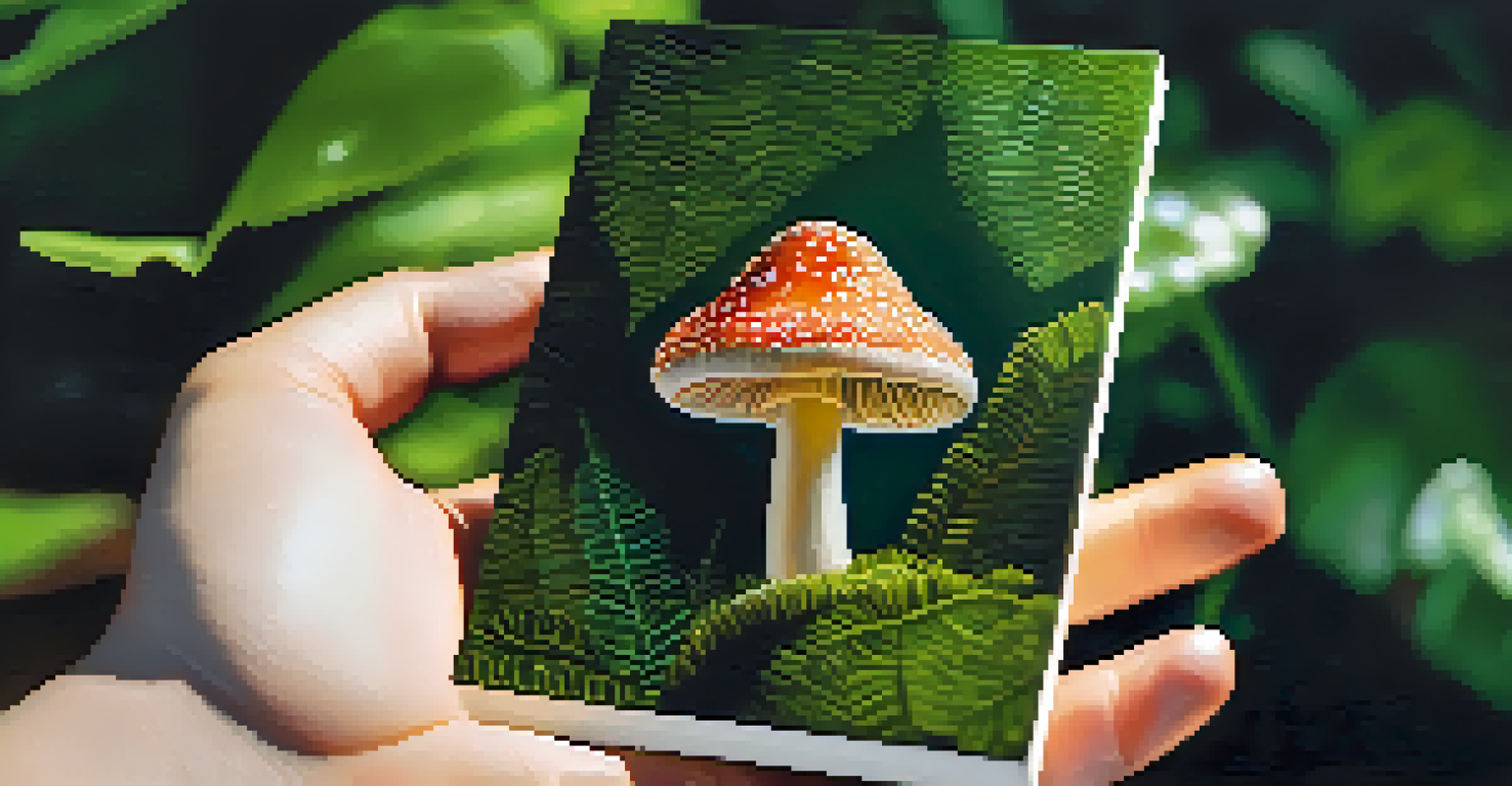 A hand holding a vibrant mushroom against a backdrop of lush greenery and soft sunlight.
