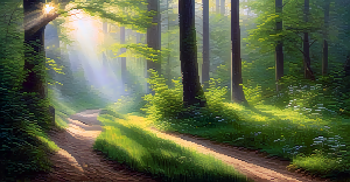A tranquil forest scene at dawn with sunlight filtering through trees and a winding path.