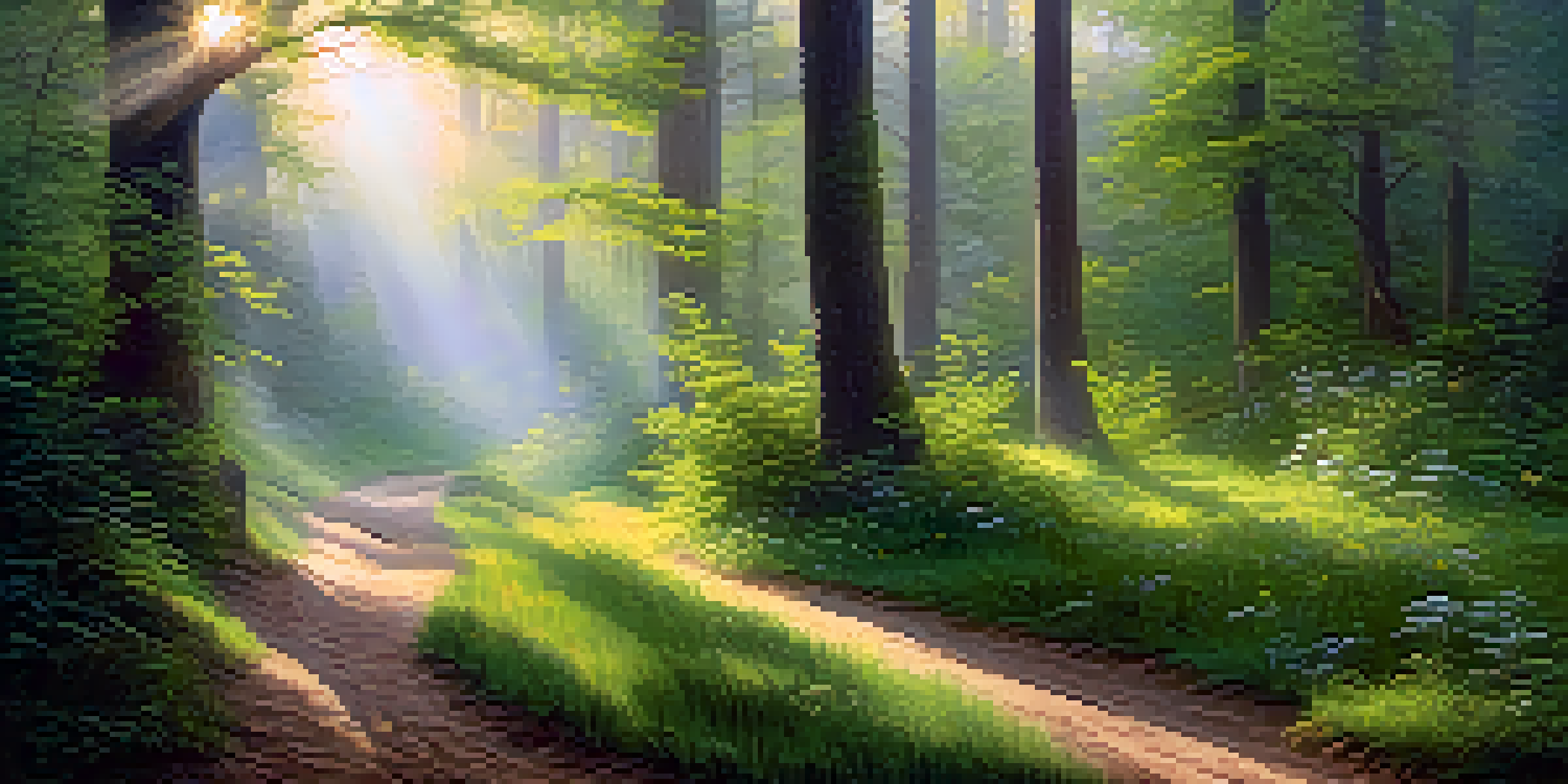 A tranquil forest scene at dawn with sunlight filtering through trees and a winding path.