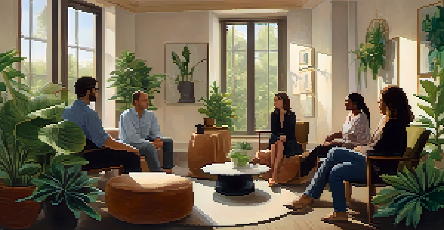 A group therapy session in a cozy room with individuals sharing emotions and a therapist guiding them.