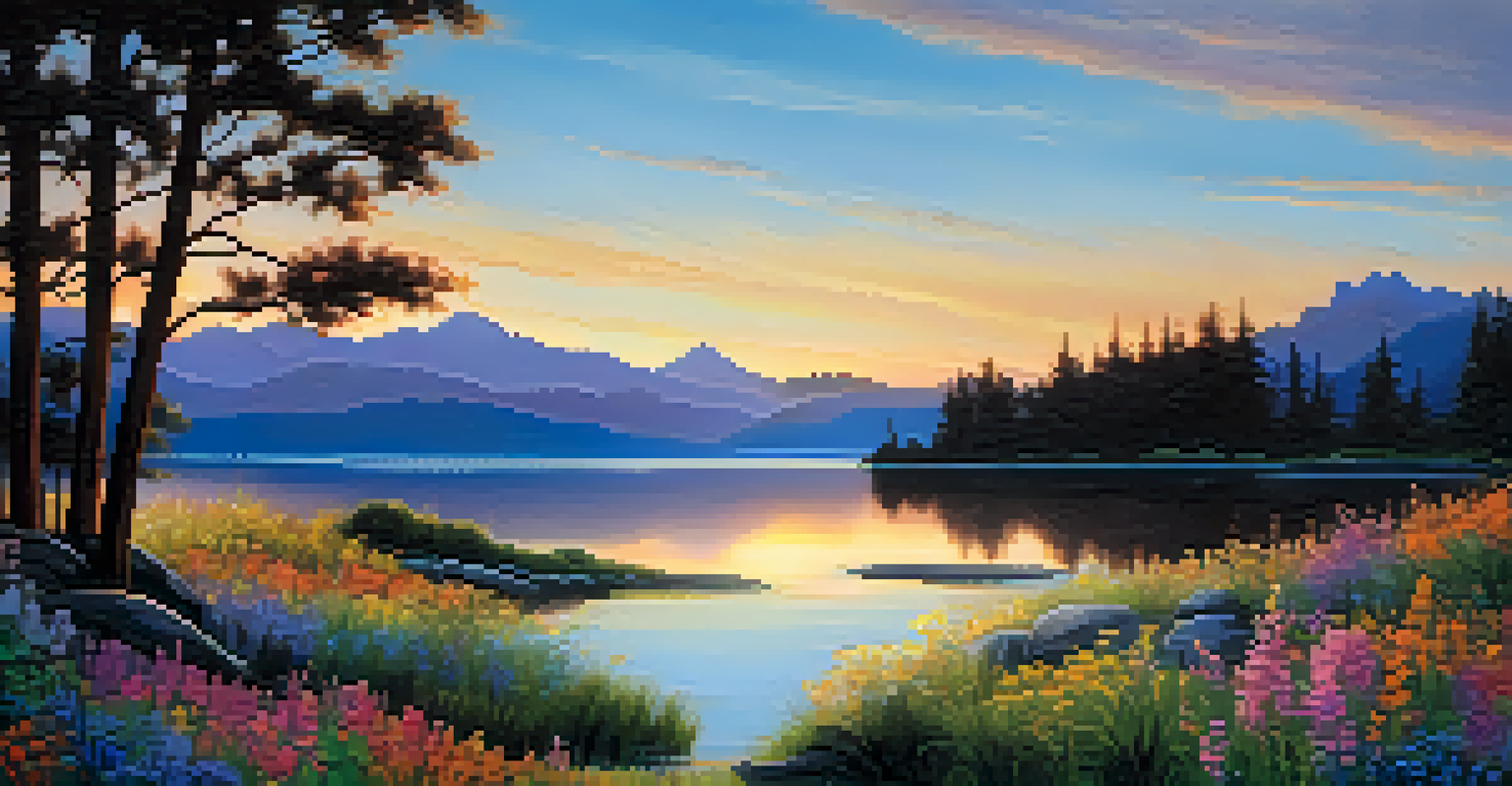 A tranquil lakeside view at sunset with vibrant reflections on the water, surrounded by wildflowers and mountains.
