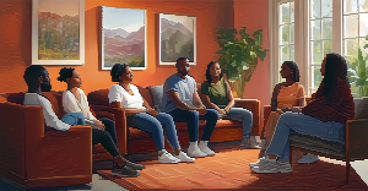 A diverse group of individuals in a therapy session with a trained therapist, showing a supportive atmosphere for discussing trauma with warm colors.