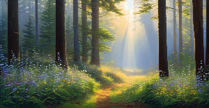 A tranquil forest at dawn with golden light filtering through trees and colorful wildflowers blooming in the foreground.