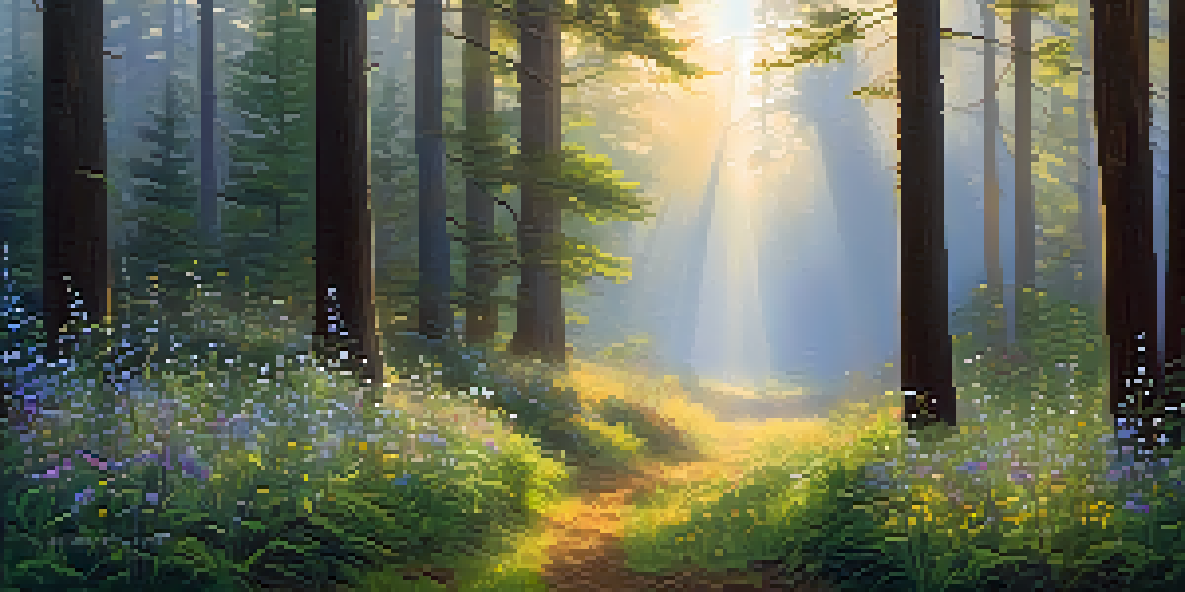 A tranquil forest at dawn with golden light filtering through trees and colorful wildflowers blooming in the foreground.